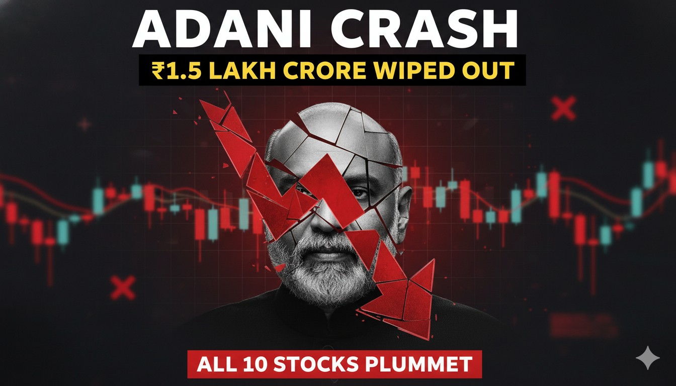 Gautam Adani and falling stock charts of Adani Group companies amid market crash