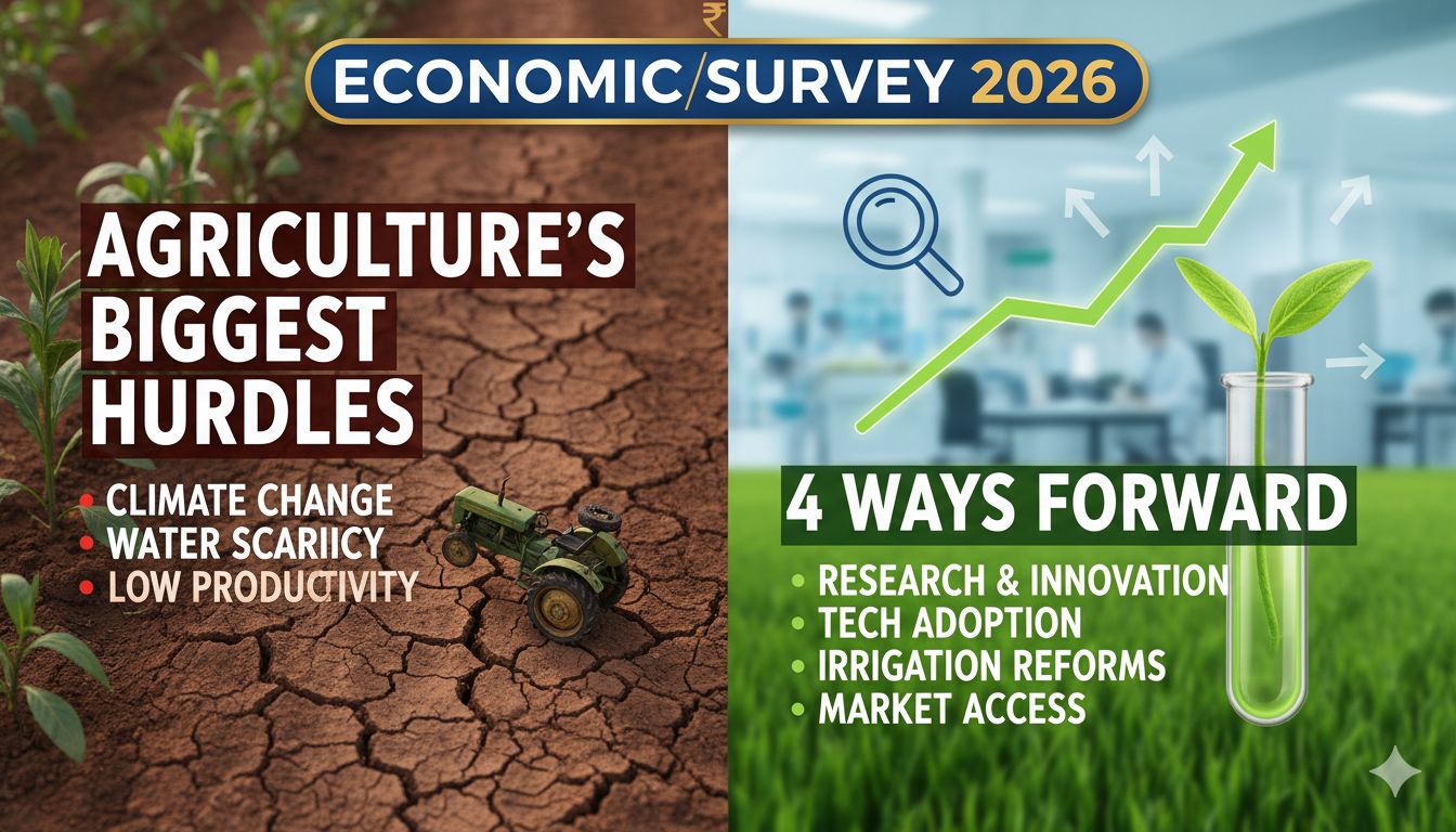 आर्थिक सर्वेक्षण 2026 की रिपोर्ट में कृषि चुनौतियां और समाधान दर्शाती इमेज