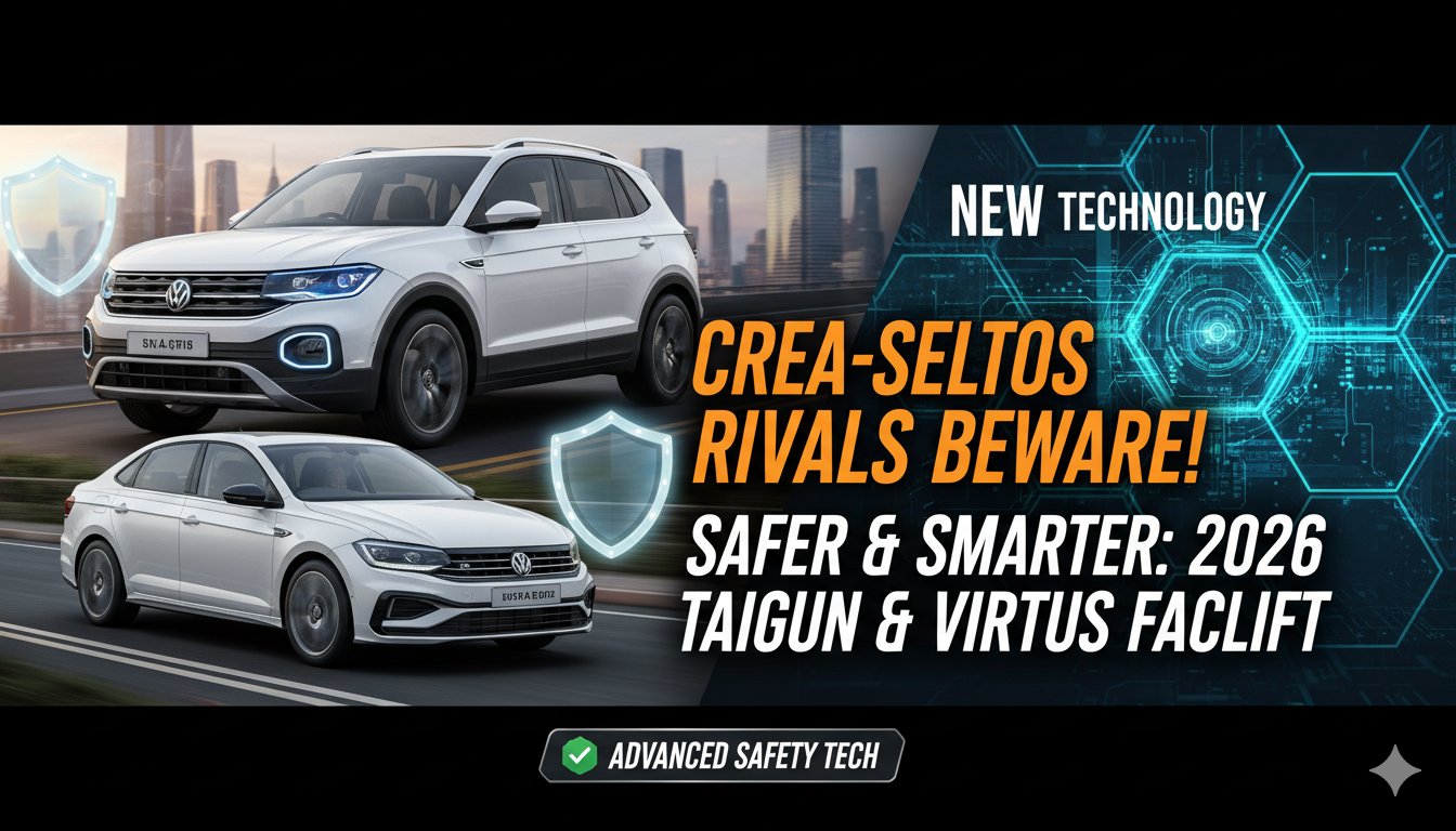 फॉक्सवैगन टाइगुन और वर्टस 2026 फेसलिफ्ट का फ्रंट व्यू, जिसमें नई LED लाइट्स और ग्रिल दिख रही हैं।