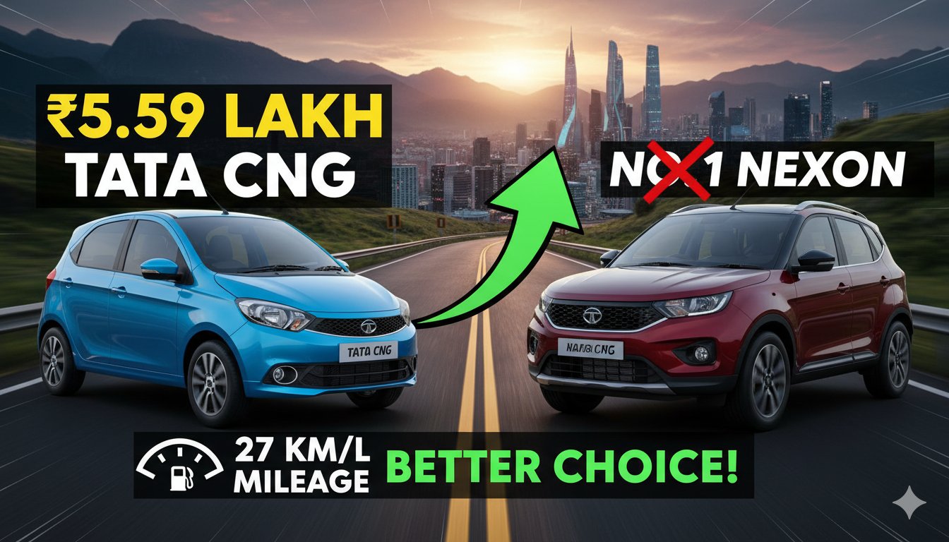 टाटा Tiago iCNG कार का फ्रंट व्यू, नीले रंग में, CNG बैज के साथ।