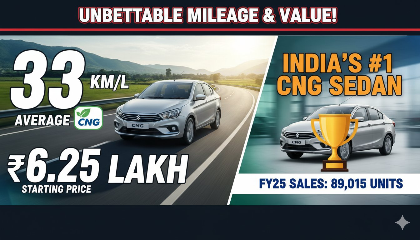 मारुति सुजुकी डिजायर CNG सेडान की सफेद कलर में साइड व्यू, 33 किमी/किग्रा माइलेज वाली नंबर-1 CNG कार