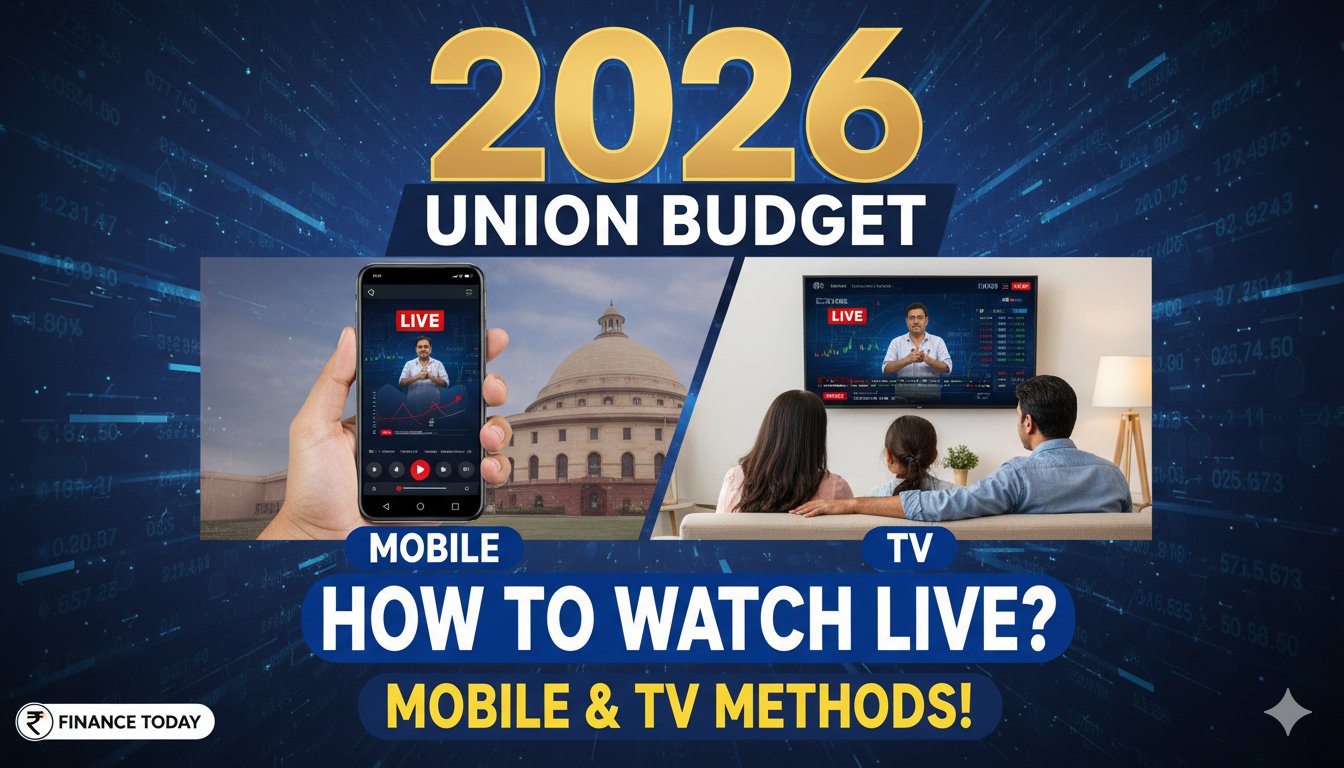 भारत की वित्त मंत्री बजट पेश करती हुई संसद में, लाइव स्ट्रीमिंग ग्राफिक्स के साथ।