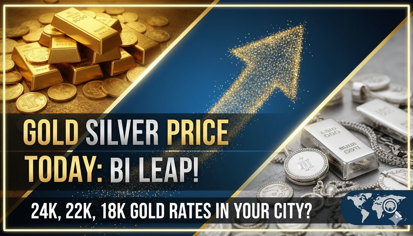 आज के सोने-चांदी के भाव दिखाता ग्राफिक, 24K, 22K गोल्ड और चांदी के दाम प्रमुख शहरों में